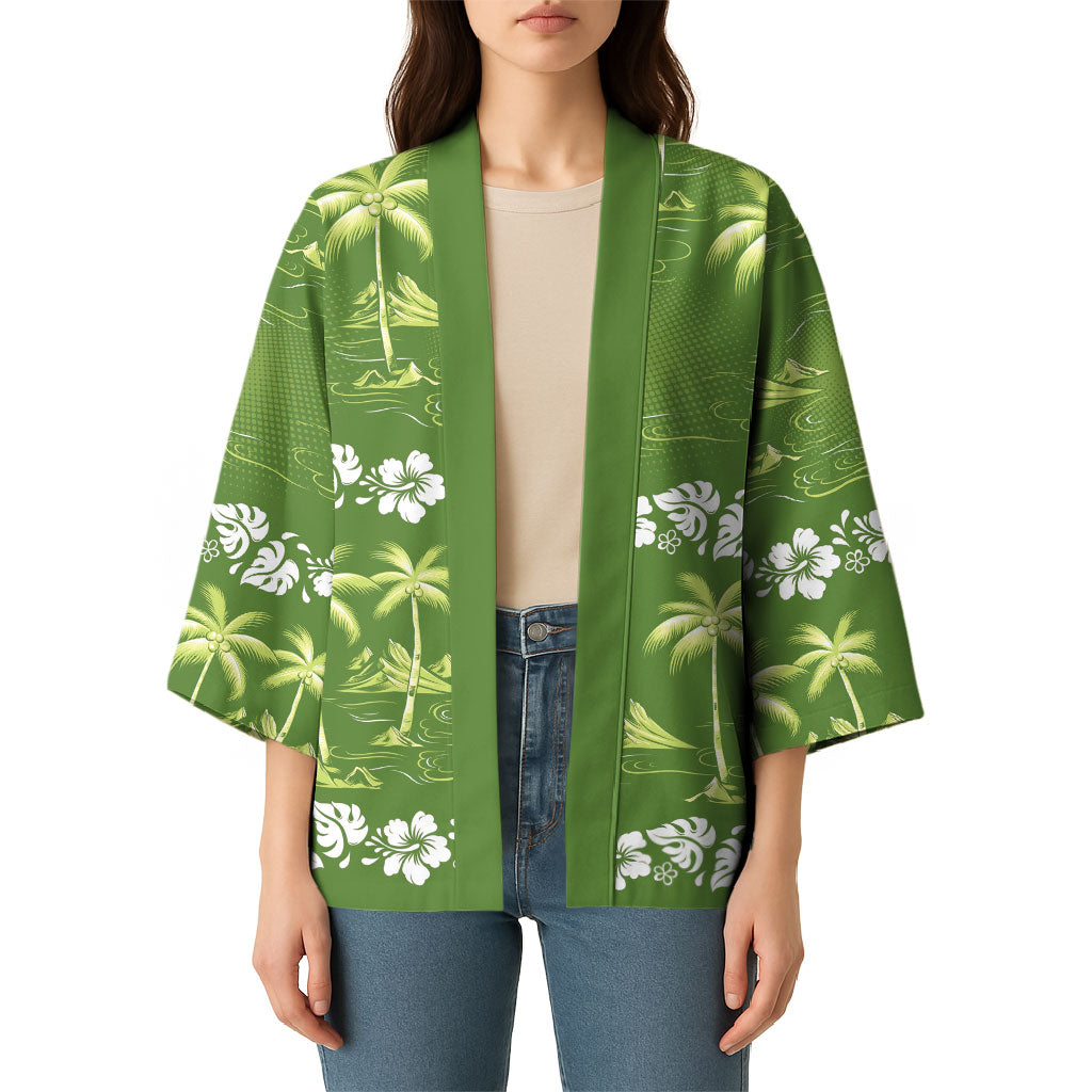Olive Green Hawaii Palm Tree Hibiscus Kimono Fantasy Summer Vibe LT01 - Polynesian Pride