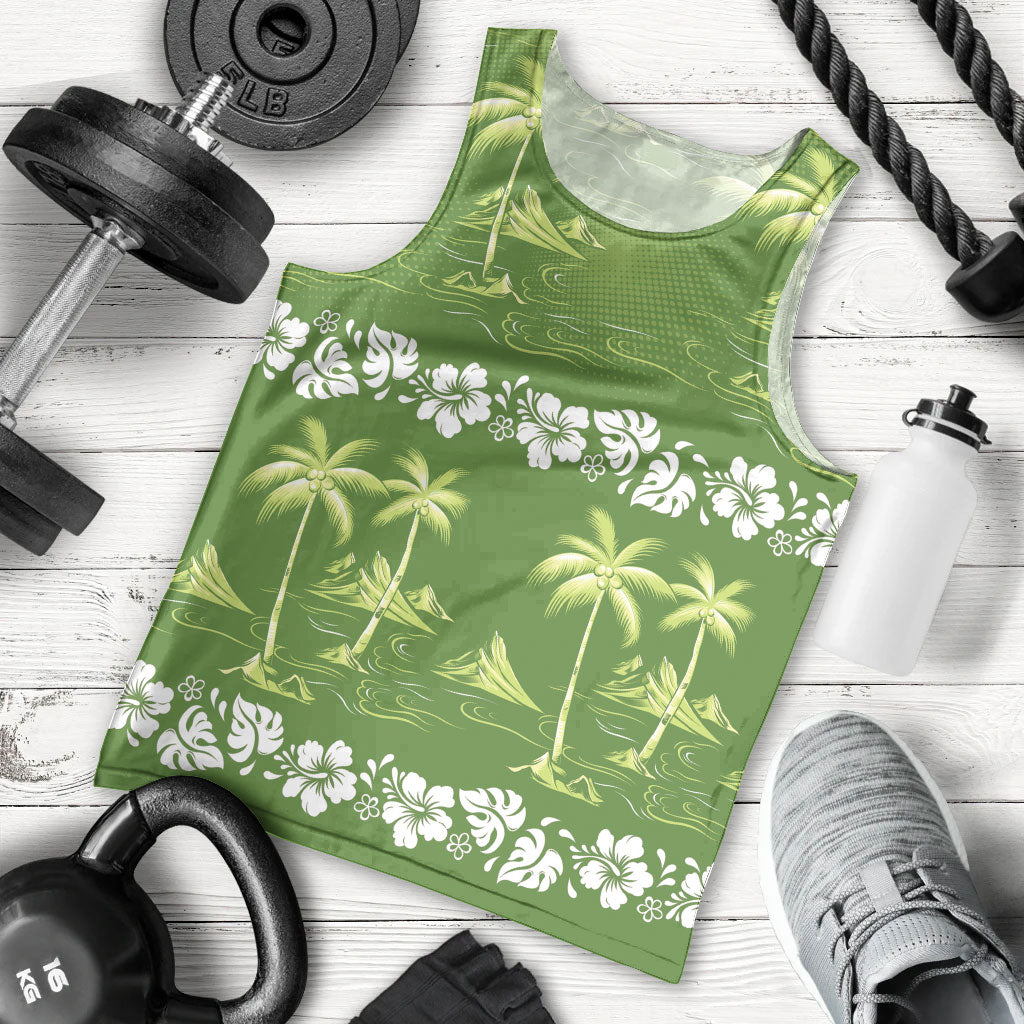 Olive Green Hawaii Palm Tree Hibiscus Men Tank Top Fantasy Summer Vibe LT01 - Polynesian Pride