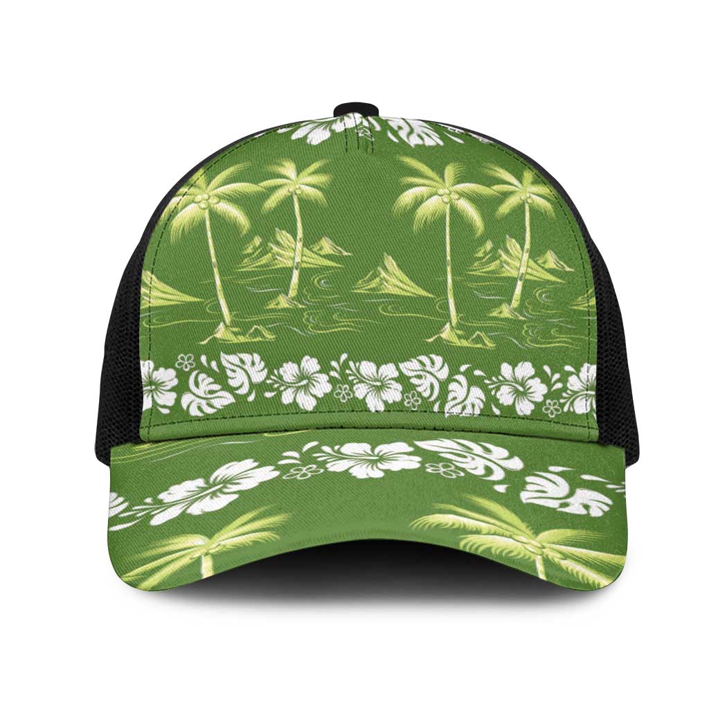 Olive Green Hawaii Palm Tree Hibiscus Mesh Trucker Cap Fantasy Summer Vibe LT01 One Size Black Olive - Polynesian Pride