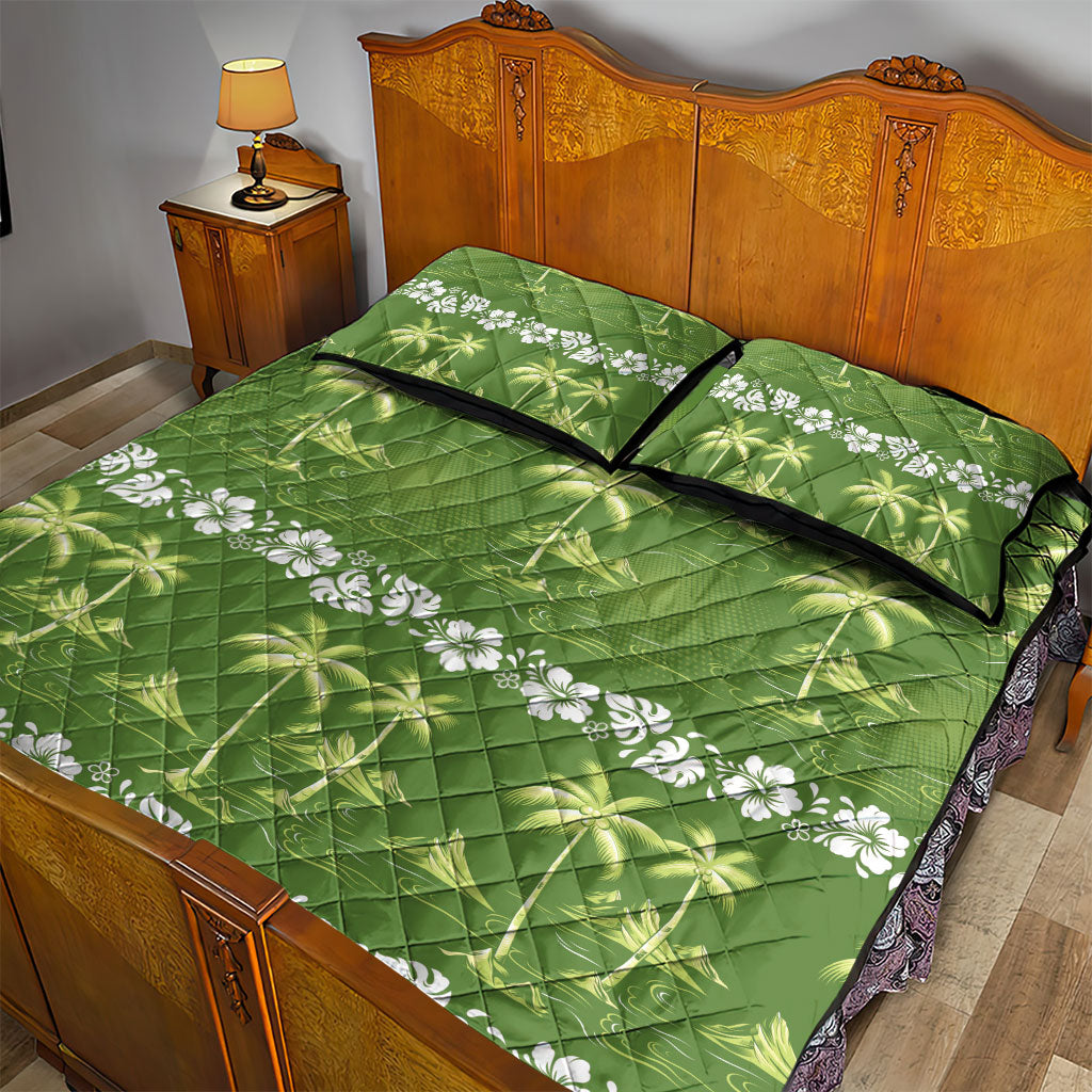 Olive Green Hawaii Palm Tree Hibiscus Quilt Bed Set Fantasy Summer Vibe