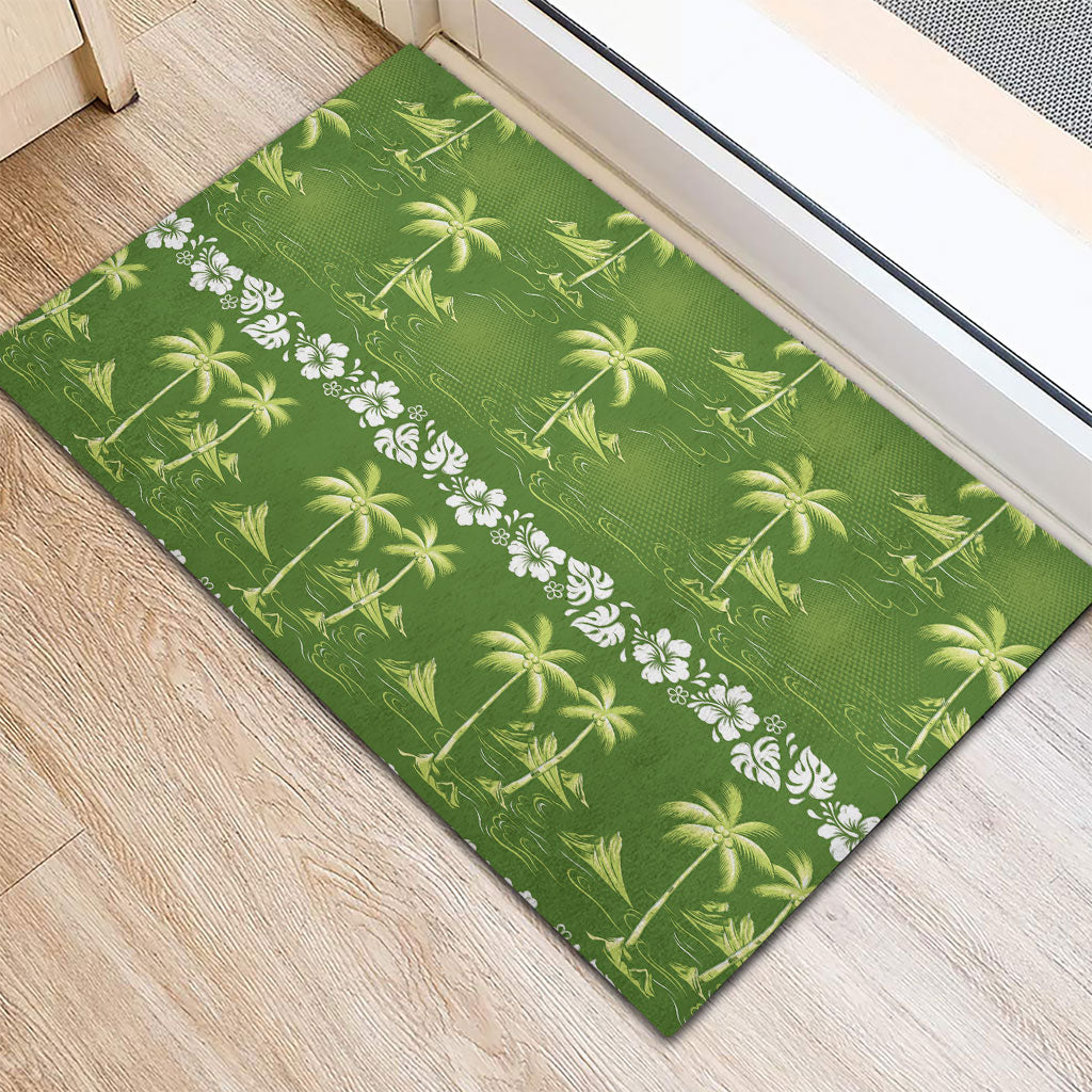 Olive Green Hawaii Palm Tree Hibiscus Rubber Doormat Fantasy Summer Vibe
