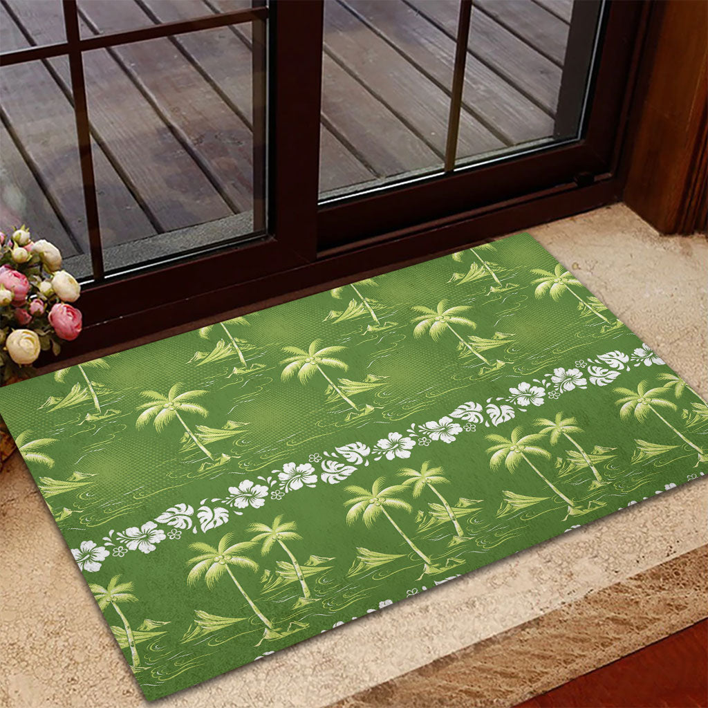 Olive Green Hawaii Palm Tree Hibiscus Rubber Doormat Fantasy Summer Vibe