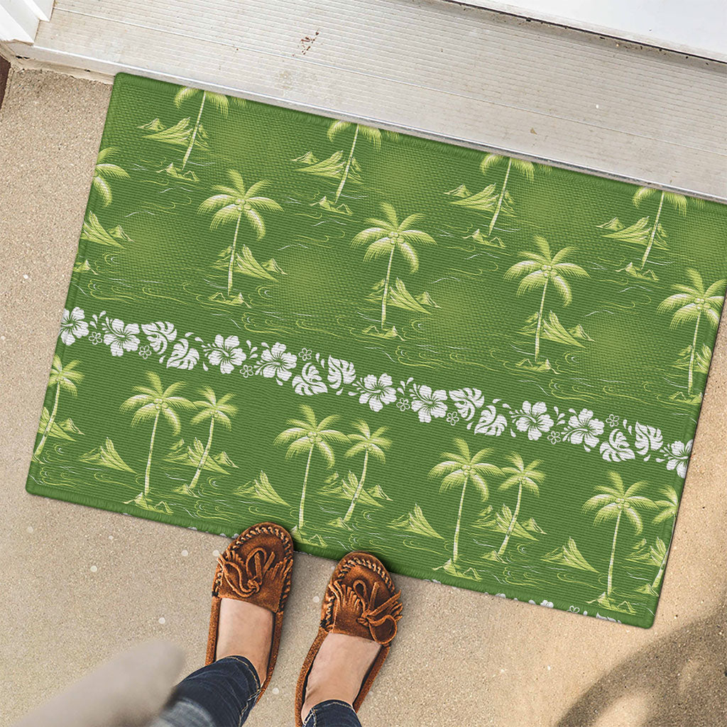 Olive Green Hawaii Palm Tree Hibiscus Rubber Doormat Fantasy Summer Vibe