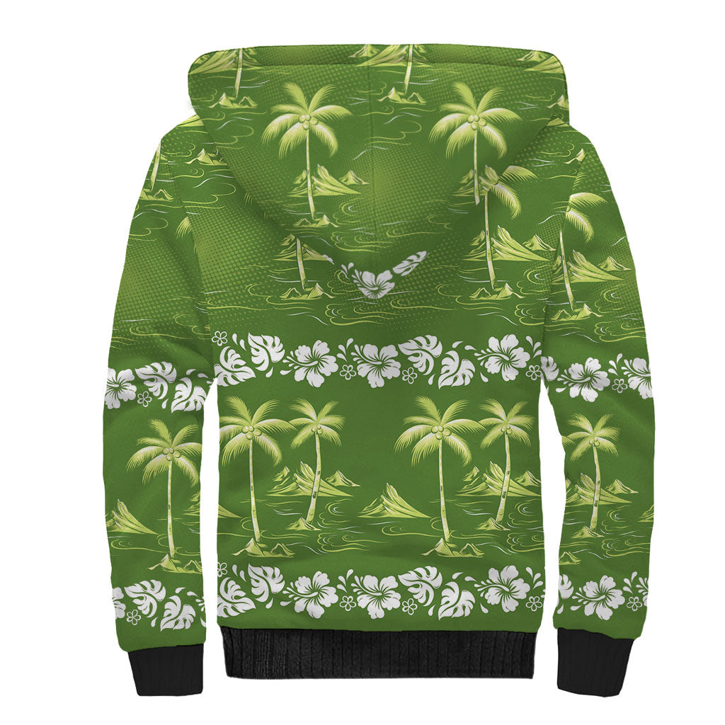 Olive Green Hawaii Palm Tree Hibiscus Sherpa Hoodie Fantasy Summer Vibe