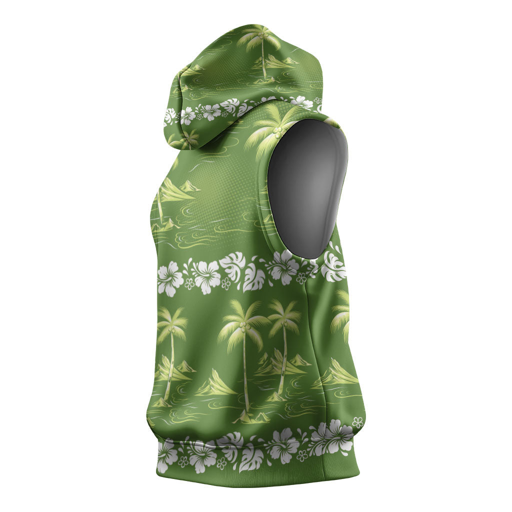 Olive Green Hawaii Palm Tree Hibiscus Sleeveless Hoodie Fantasy Summer Vibe