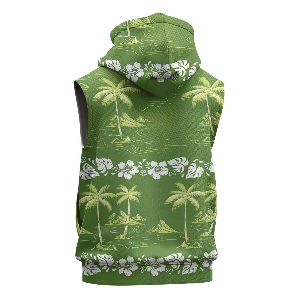 Olive Green Hawaii Palm Tree Hibiscus Sleeveless Zip Hoodie Fantasy Summer Vibe