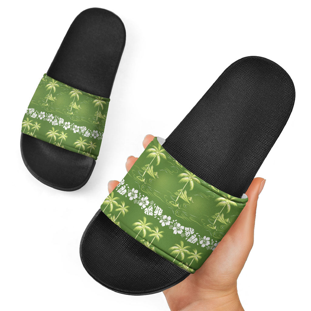 Olive Green Hawaii Palm Tree Hibiscus Slide Sandals Fantasy Summer Vibe