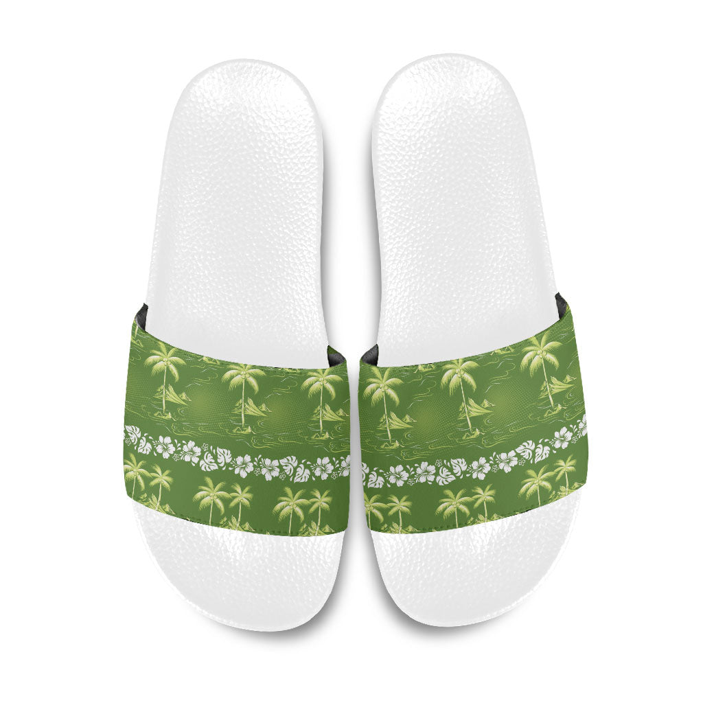 Olive Green Hawaii Palm Tree Hibiscus Slide Sandals Fantasy Summer Vibe