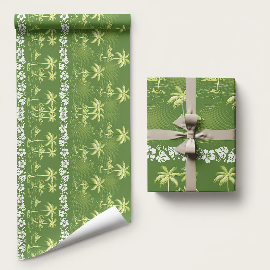Olive Green Hawaii Palm Tree Hibiscus Wrapping Paper Fantasy Summer Vibe LT01 58" × 23" Olive - Polynesian Pride