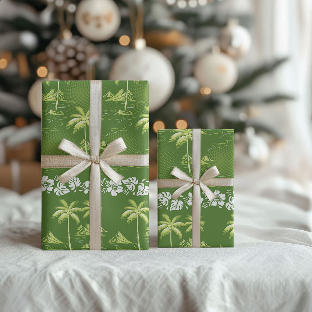Olive Green Hawaii Palm Tree Hibiscus Wrapping Paper Fantasy Summer Vibe LT01 - Polynesian Pride