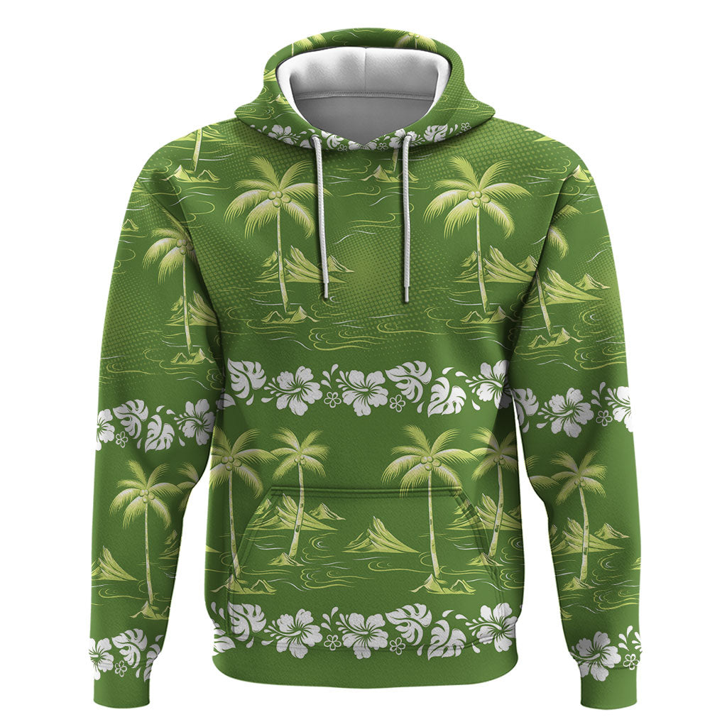 Olive Green Hawaii Palm Tree Hibiscus Zip Hoodie Fantasy Summer Vibe LT01 Pullover Hoodie Olive - Polynesian Pride