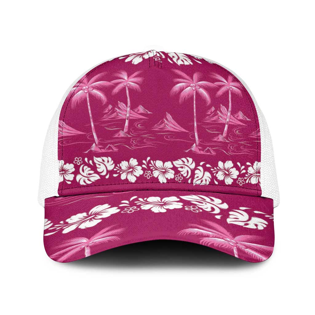 Pink Hawaii Palm Tree Hibiscus Baseball Net Cap Fantasy Summer Vibe LT01 One Size White Pink - Polynesian Pride