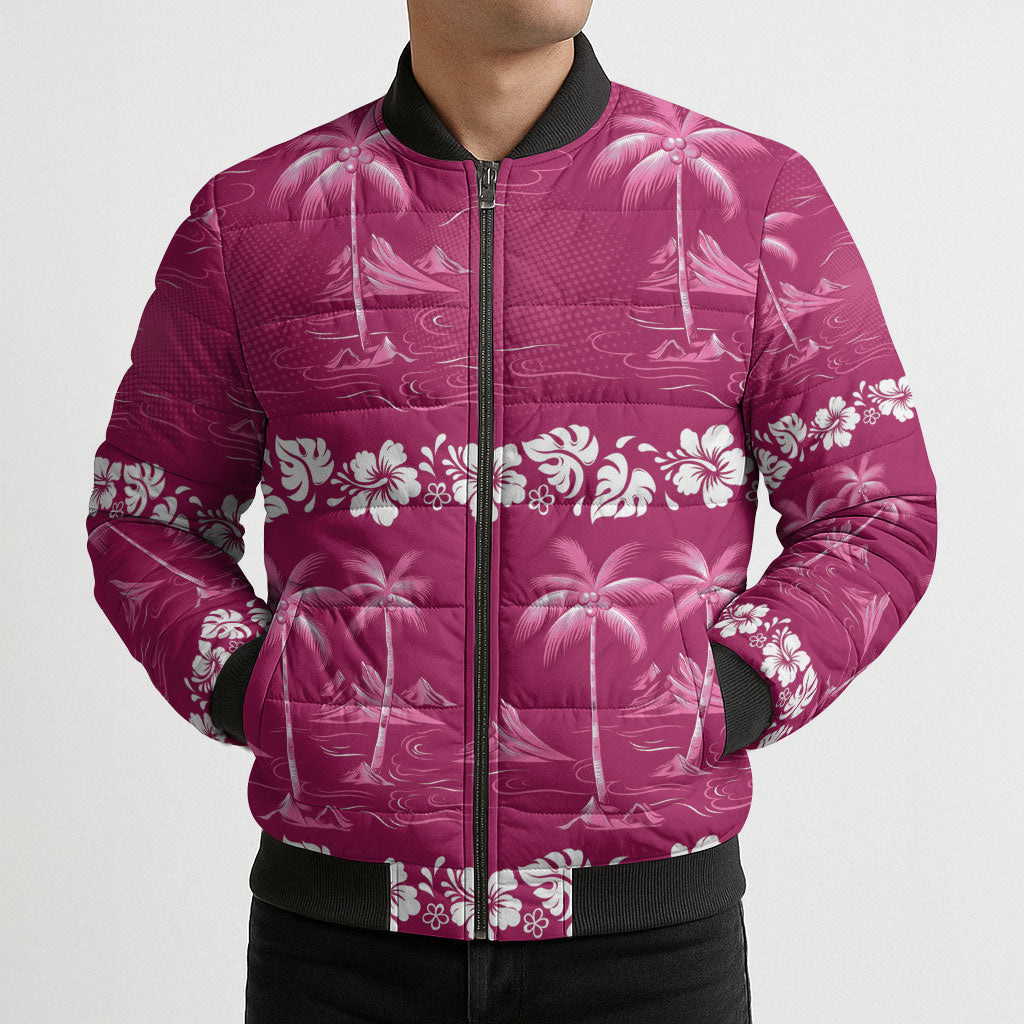 Pink Hawaii Palm Tree Hibiscus Bomber Puffer Jacket Fantasy Summer Vibe