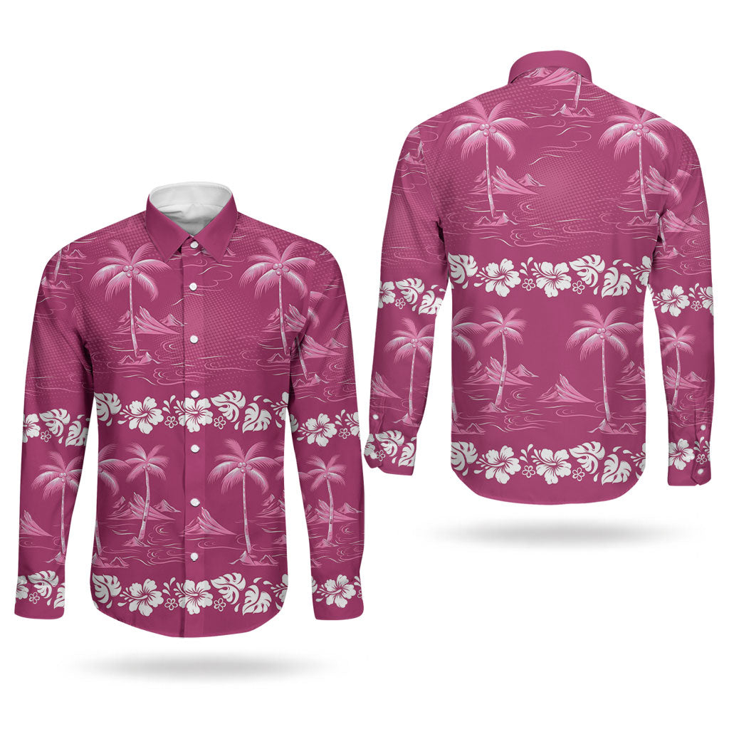 Pink Hawaii Palm Tree Hibiscus Couples Matching Long Sleeve Bodycon Dress and Long Sleeve Button Shirt Fantasy Summer Vibe
