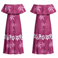 Pink Hawaii Palm Tree Hibiscus Couples Matching Off Shoulder Maxi Dress and Hawaiian Shirt Fantasy Summer Vibe