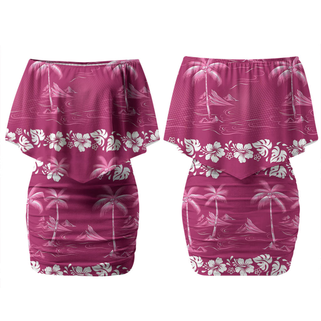 Pink Hawaii Palm Tree Hibiscus Couples Matching Off Shoulder Short Dress and Hawaiian Shirt Fantasy Summer Vibe