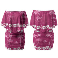 Pink Hawaii Palm Tree Hibiscus Couples Matching Off Shoulder Short Dress and Hawaiian Shirt Fantasy Summer Vibe