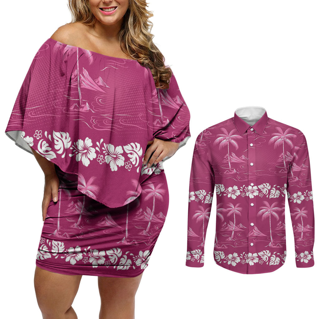Pink Hawaii Palm Tree Hibiscus Couples Matching Off Shoulder Short Dress and Long Sleeve Button Shirt Fantasy Summer Vibe LT01 Pink - Polynesian Pride