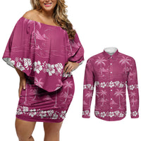 Pink Hawaii Palm Tree Hibiscus Couples Matching Off Shoulder Short Dress and Long Sleeve Button Shirt Fantasy Summer Vibe LT01 Pink - Polynesian Pride