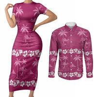 Pink Hawaii Palm Tree Hibiscus Couples Matching Short Sleeve Bodycon Dress and Long Sleeve Button Shirt Fantasy Summer Vibe