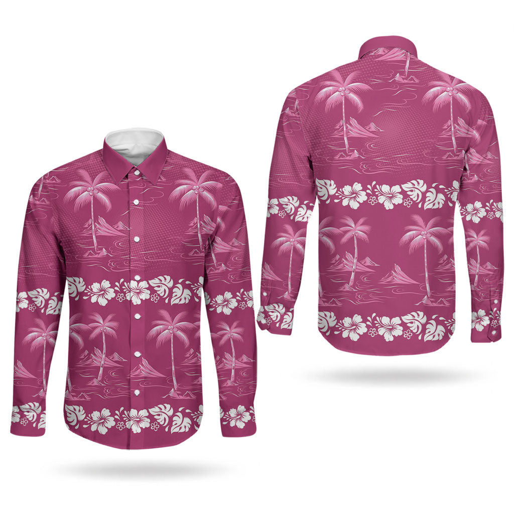 Pink Hawaii Palm Tree Hibiscus Couples Matching Short Sleeve Bodycon Dress and Long Sleeve Button Shirt Fantasy Summer Vibe