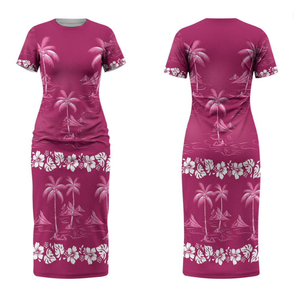 Pink Hawaii Palm Tree Hibiscus Couples Matching Short Sleeve Bodycon Dress and Long Sleeve Button Shirt Fantasy Summer Vibe