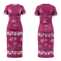 Pink Hawaii Palm Tree Hibiscus Couples Matching Short Sleeve Bodycon Dress and Long Sleeve Button Shirt Fantasy Summer Vibe