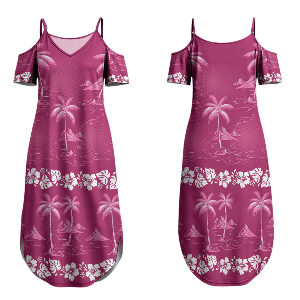 Pink Hawaii Palm Tree Hibiscus Couples Matching Summer Maxi Dress and Long Sleeve Button Shirt Fantasy Summer Vibe LT01 - Polynesian Pride