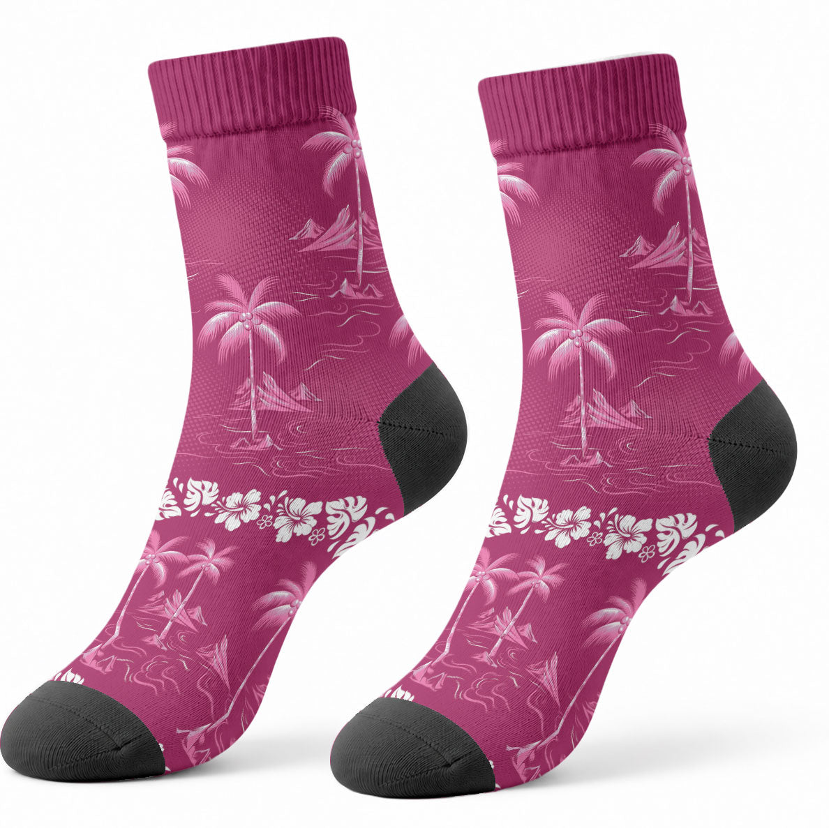 Pink Hawaii Palm Tree Hibiscus Crew Socks Fantasy Summer Vibe