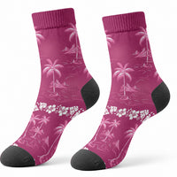 Pink Hawaii Palm Tree Hibiscus Crew Socks Fantasy Summer Vibe