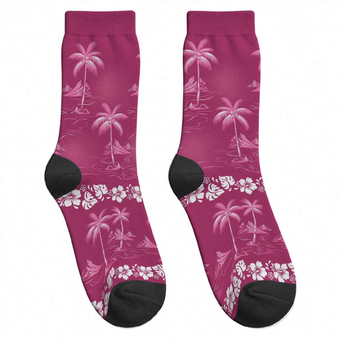 Pink Hawaii Palm Tree Hibiscus Crew Socks Fantasy Summer Vibe