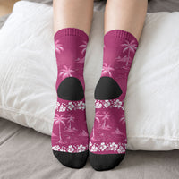 Pink Hawaii Palm Tree Hibiscus Crew Socks Fantasy Summer Vibe