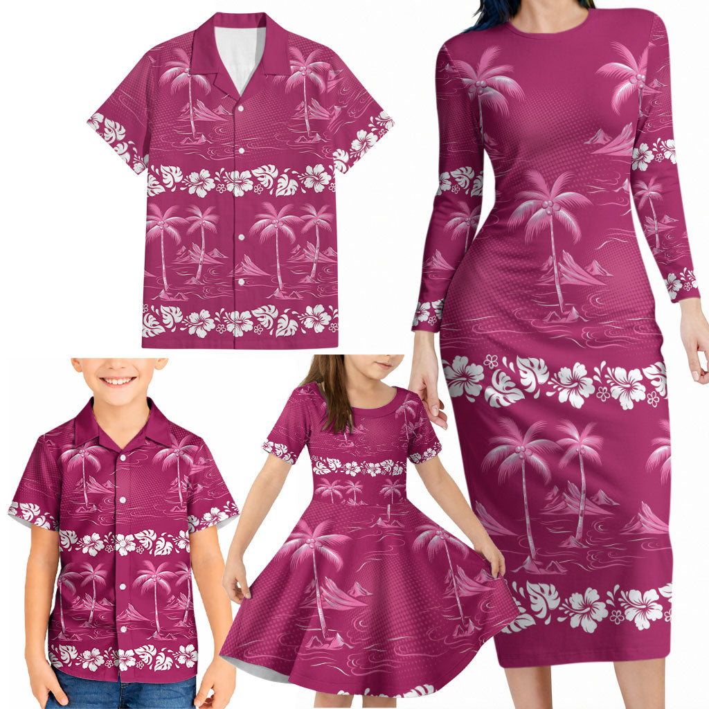 Pink Hawaii Palm Tree Hibiscus Family Matching Long Sleeve Bodycon Dress and Hawaiian Shirt Fantasy Summer Vibe LT01 - Polynesian Pride