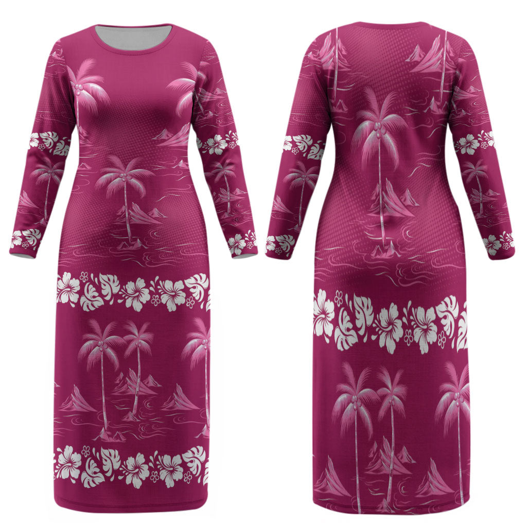 Pink Hawaii Palm Tree Hibiscus Family Matching Long Sleeve Bodycon Dress and Hawaiian Shirt Fantasy Summer Vibe LT01 Mom's Dress Pink - Polynesian Pride