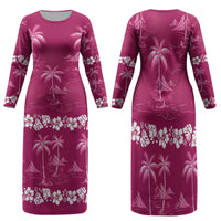 Pink Hawaii Palm Tree Hibiscus Family Matching Long Sleeve Bodycon Dress and Hawaiian Shirt Fantasy Summer Vibe LT01 Mom's Dress Pink - Polynesian Pride