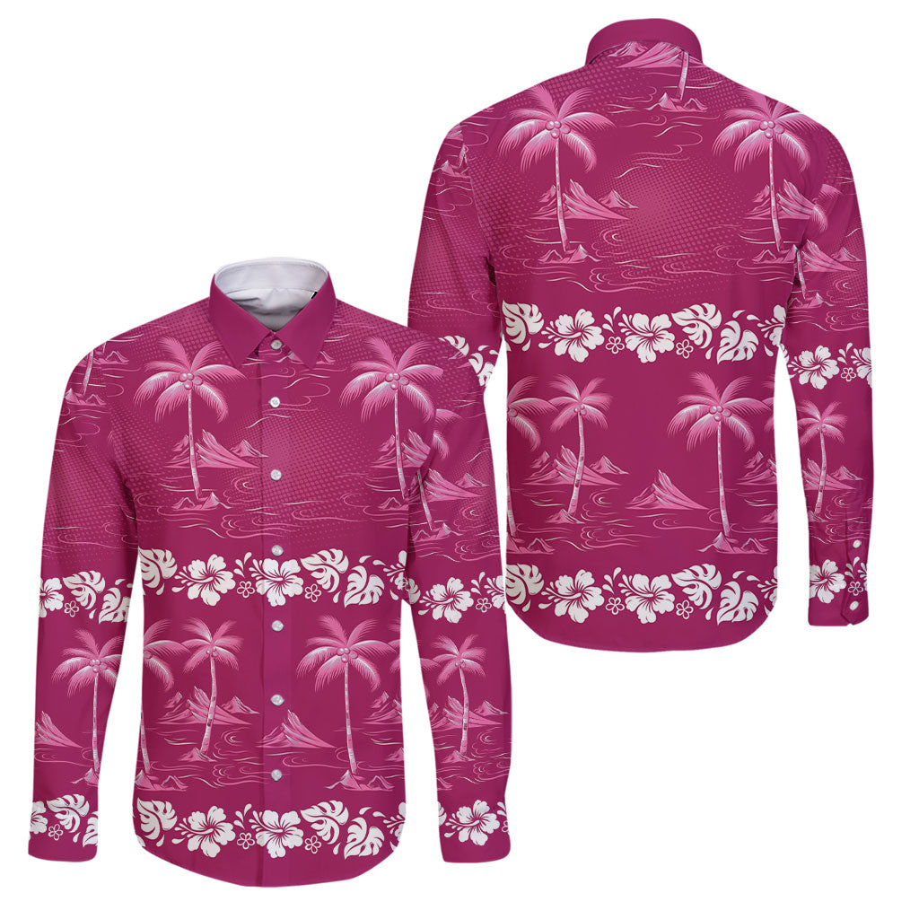 Pink Hawaii Palm Tree Hibiscus Family Matching Long Sleeve Bodycon Dress and Hawaiian Shirt Fantasy Summer Vibe LT01 Dad's Shirt - Long Sleeve Pink - Polynesian Pride
