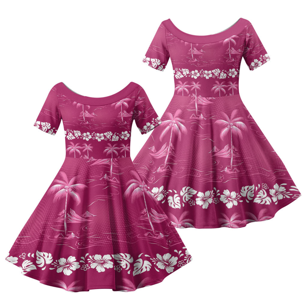 Pink Hawaii Palm Tree Hibiscus Family Matching Long Sleeve Bodycon Dress and Hawaiian Shirt Fantasy Summer Vibe LT01 Daughter's Dress Pink - Polynesian Pride