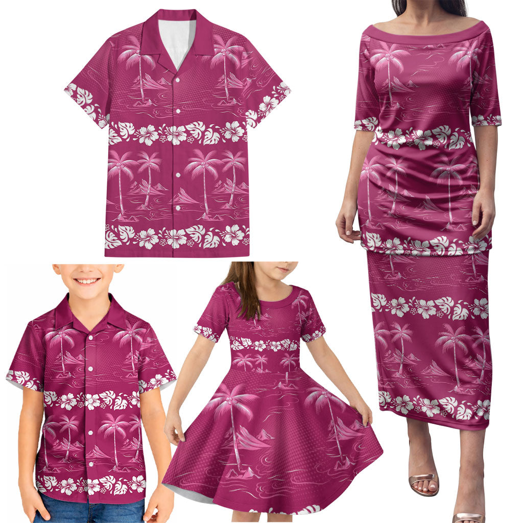 Pink Hawaii Palm Tree Hibiscus Family Matching Puletasi and Hawaiian Shirt Fantasy Summer Vibe LT01 - Polynesian Pride
