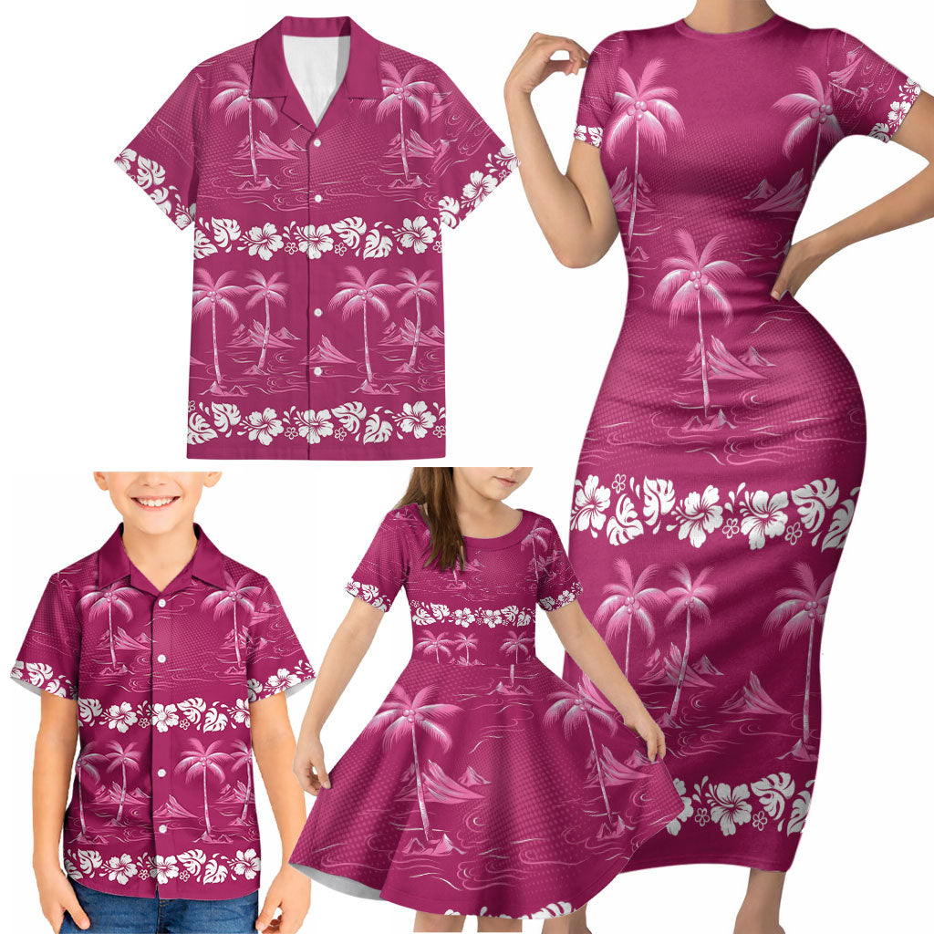 Pink Hawaii Palm Tree Hibiscus Family Matching Short Sleeve Bodycon Dress and Hawaiian Shirt Fantasy Summer Vibe LT01 - Polynesian Pride