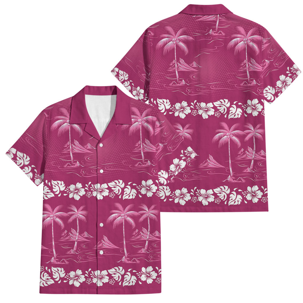 Pink Hawaii Palm Tree Hibiscus Family Matching Short Sleeve Bodycon Dress and Hawaiian Shirt Fantasy Summer Vibe LT01 Dad's Shirt - Short Sleeve Pink - Polynesian Pride
