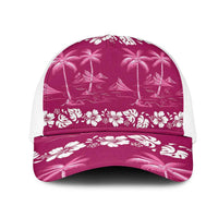 Pink Hawaii Palm Tree Hibiscus Mesh Trucker Cap Fantasy Summer Vibe LT01 One Size White Pink - Polynesian Pride