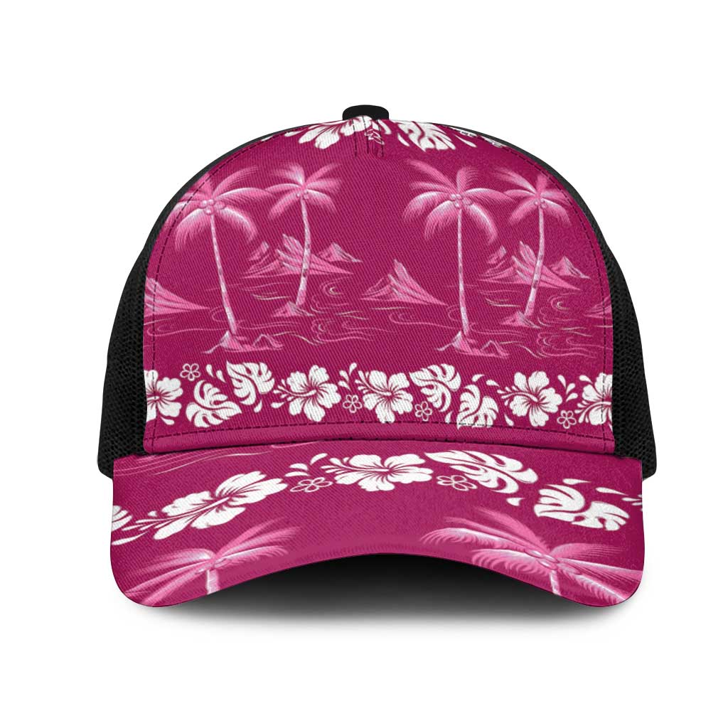 Pink Hawaii Palm Tree Hibiscus Mesh Trucker Cap Fantasy Summer Vibe LT01 One Size Black Pink - Polynesian Pride