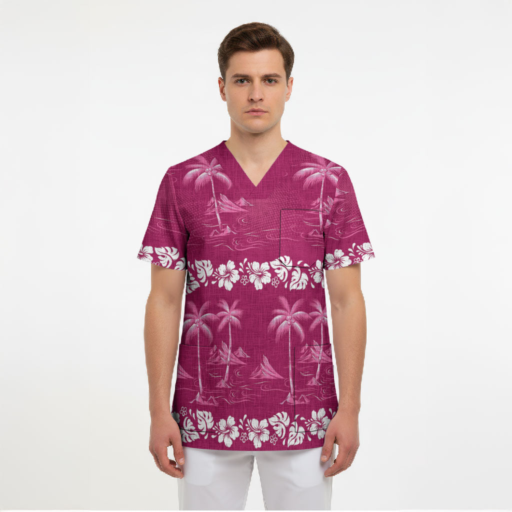 Pink Hawaii Palm Tree Hibiscus Scrub Top Fantasy Summer Vibe