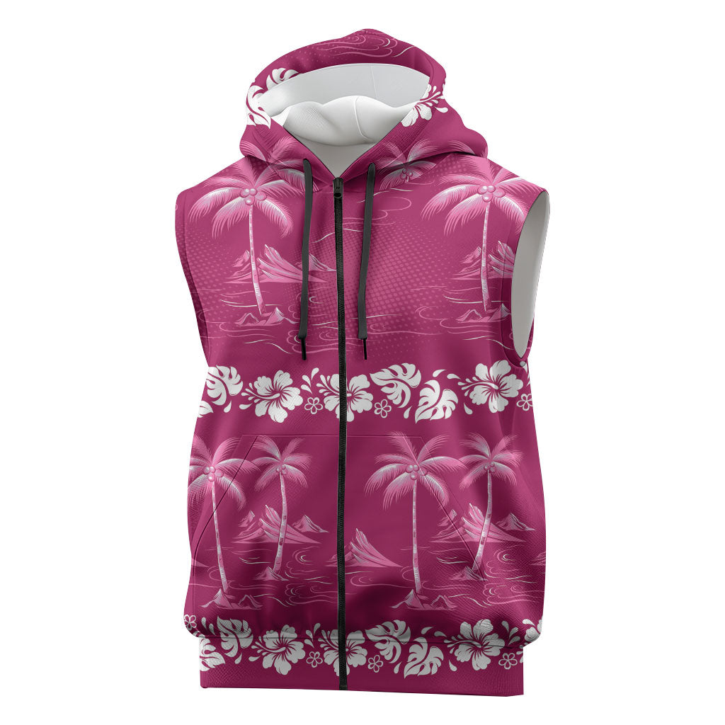 Pink Hawaii Palm Tree Hibiscus Sleeveless Zip Hoodie Fantasy Summer Vibe
