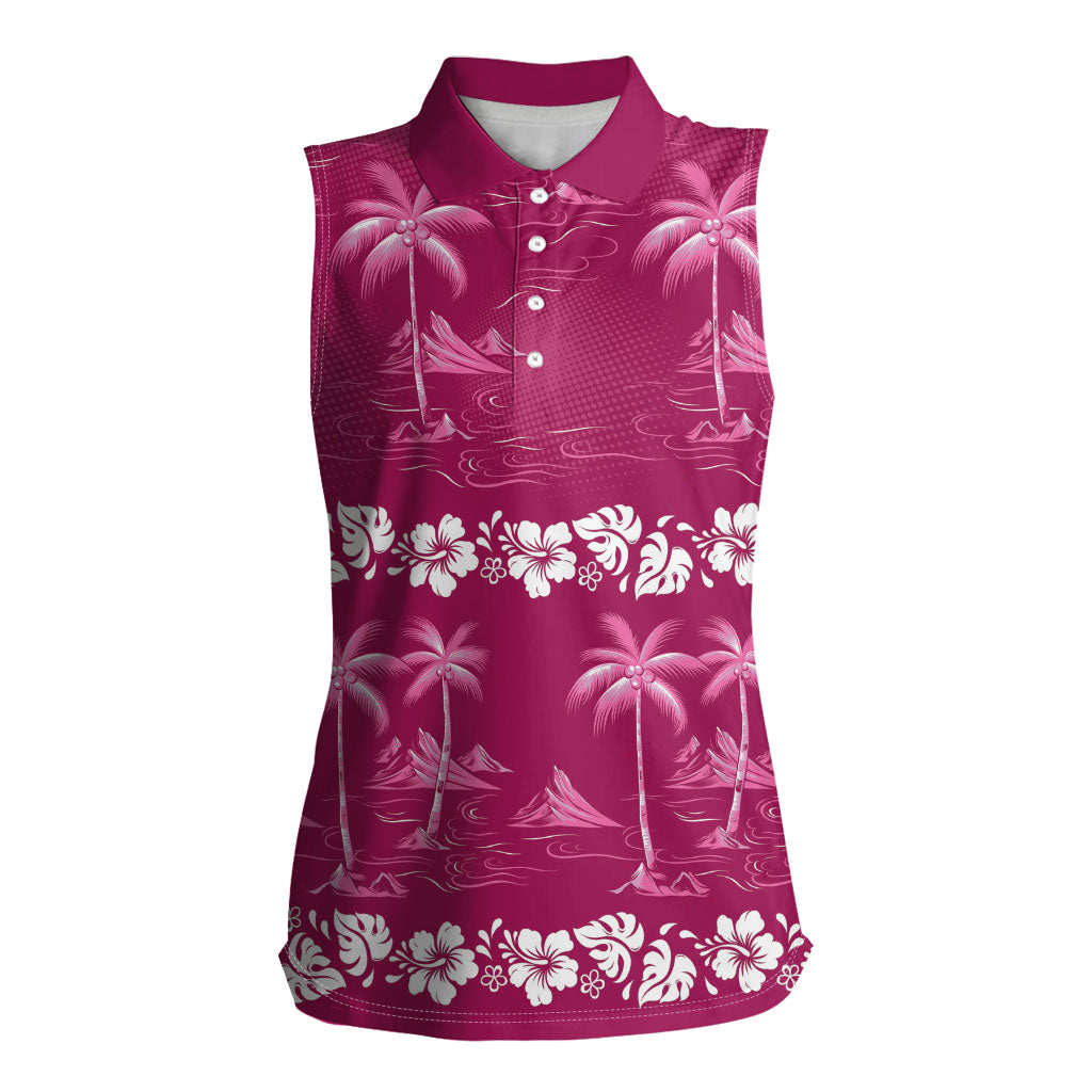 Pink Hawaii Palm Tree Hibiscus Women Sleeveless Polo Shirt Fantasy Summer Vibe LT01 Female Pink - Polynesian Pride