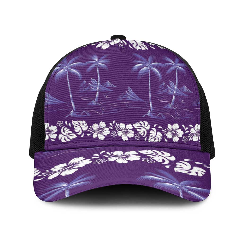 Purple Hawaii Palm Tree Hibiscus Baseball Net Cap Fantasy Summer Vibe LT01 One Size Black Purple - Polynesian Pride