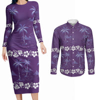 Purple Hawaii Palm Tree Hibiscus Couples Matching Long Sleeve Bodycon Dress and Long Sleeve Button Shirt Fantasy Summer Vibe