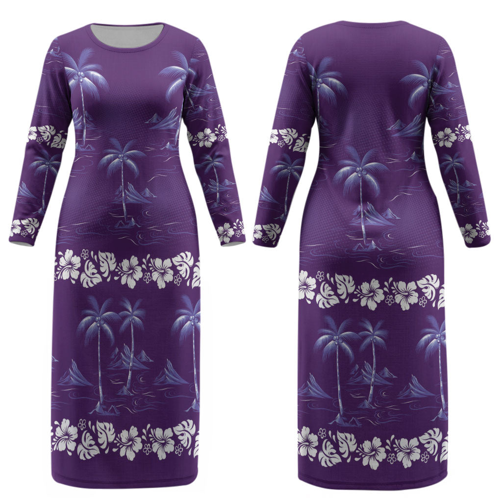Purple Hawaii Palm Tree Hibiscus Couples Matching Long Sleeve Bodycon Dress and Long Sleeve Button Shirt Fantasy Summer Vibe