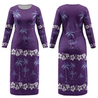 Purple Hawaii Palm Tree Hibiscus Couples Matching Long Sleeve Bodycon Dress and Long Sleeve Button Shirt Fantasy Summer Vibe