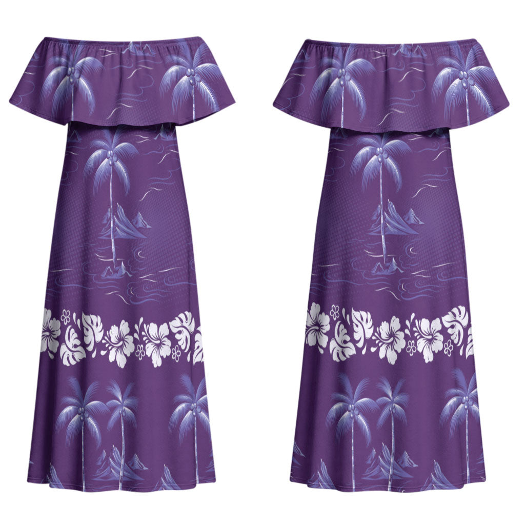 Purple Hawaii Palm Tree Hibiscus Couples Matching Off Shoulder Maxi Dress and Hawaiian Shirt Fantasy Summer Vibe